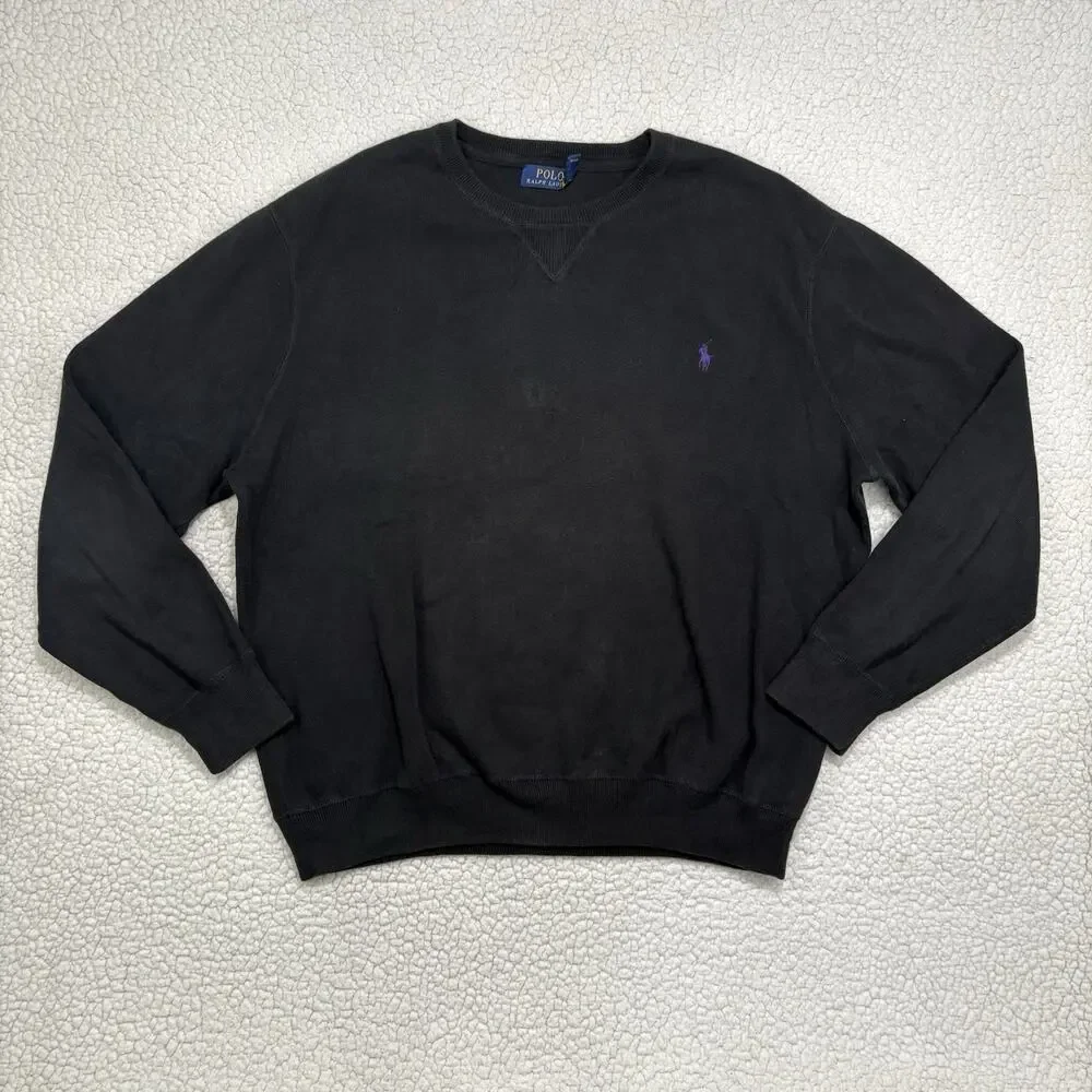 Polo Ralph Lauren Sweatshirt Mens XL Black Crewneck Purple Pony Logo Cotton‎